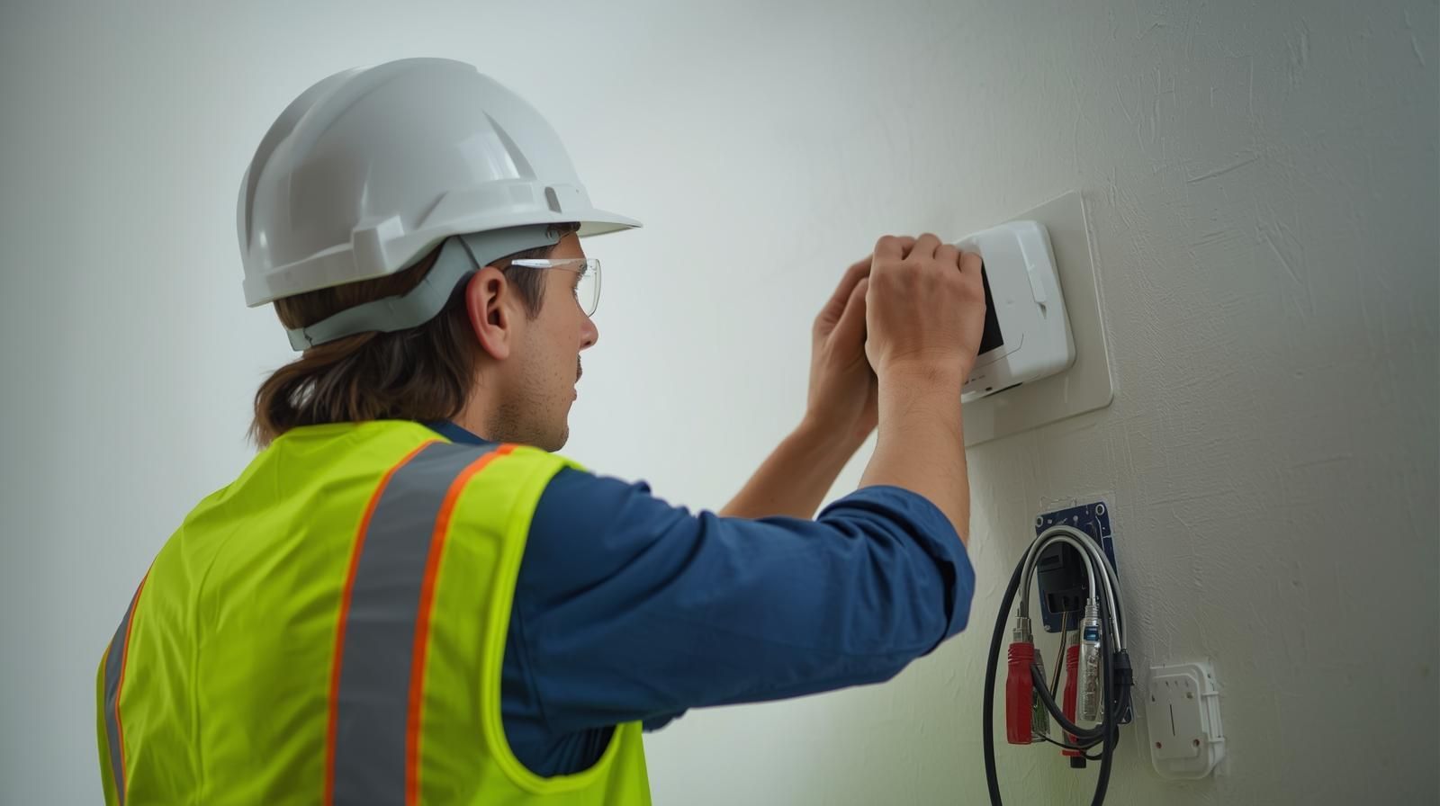 Construction worker in hard hat and safety vest installing a device on a wall.