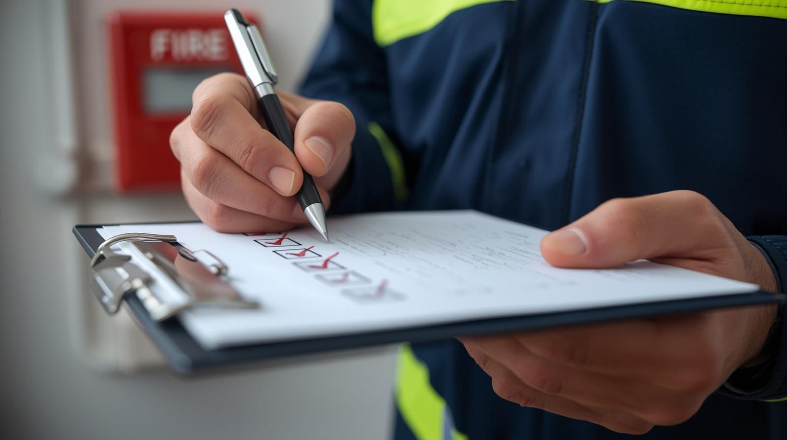 Person in blue uniform writing on a clipboard, possibly conducting an inspection.