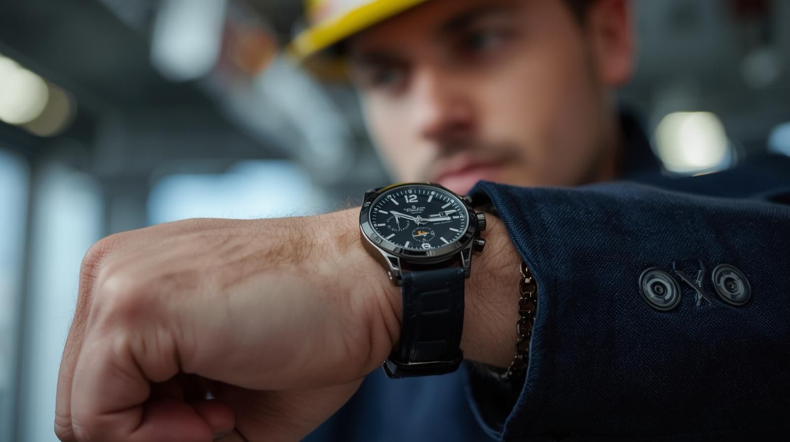 Man in hard hat looking at watch on his wrist. Indoors with industrial background.