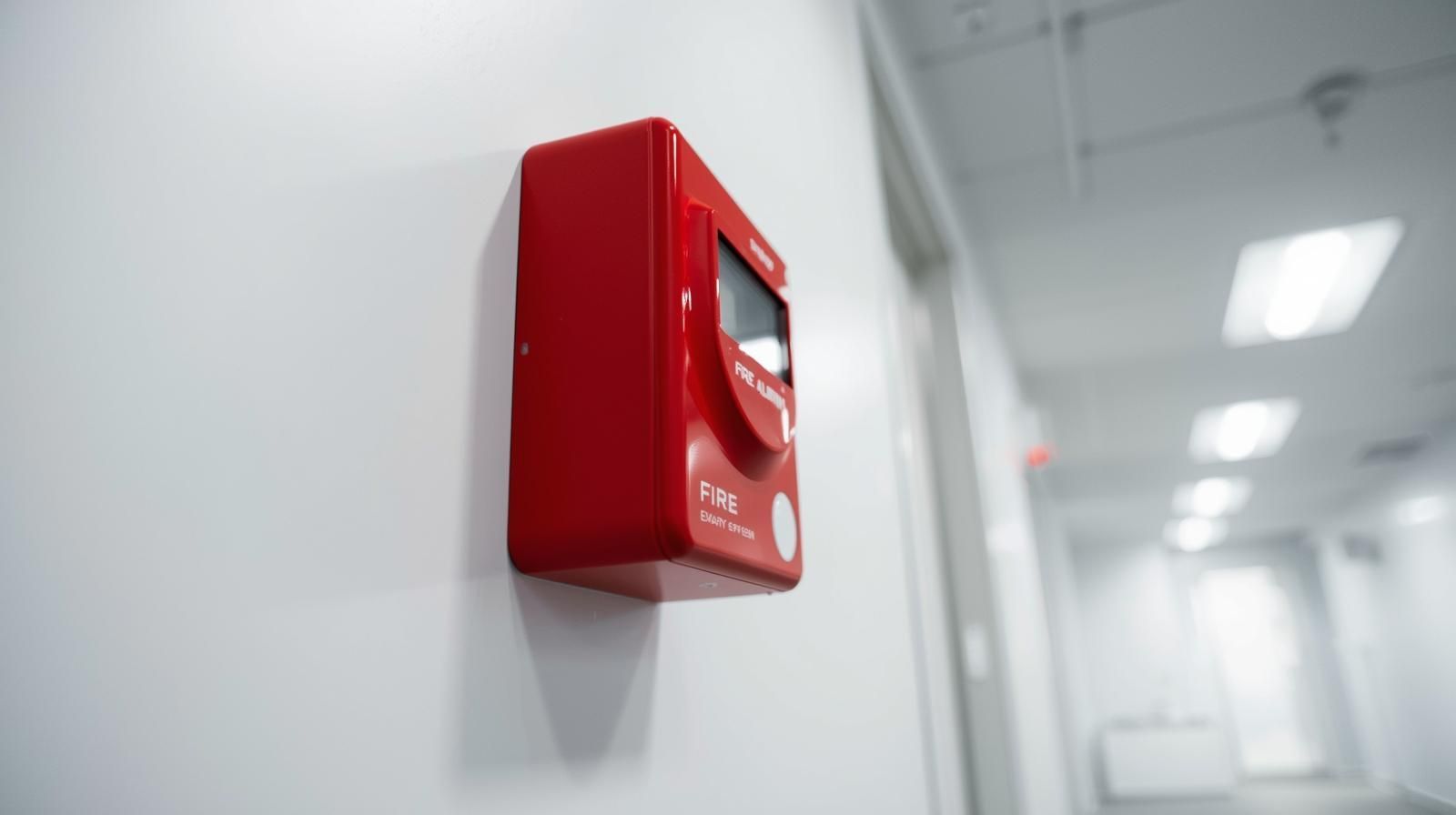 Red fire alarm box mounted on a white wall in a hallway with bright lights.