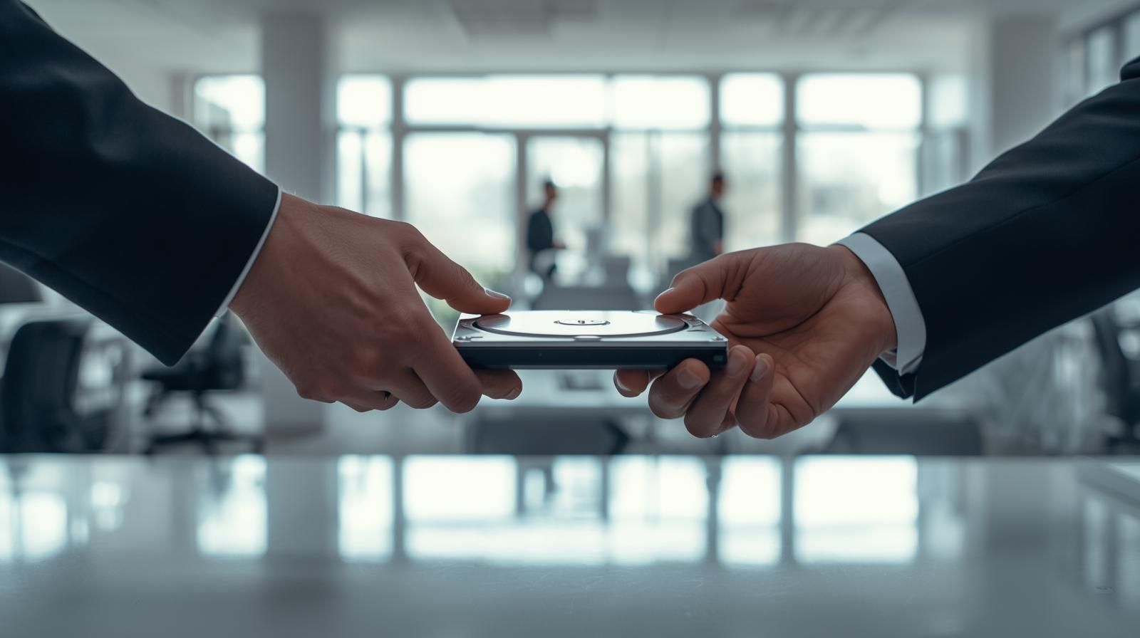 Construction team reviewing blueprints in a bright room with a large screen displaying house renderings.