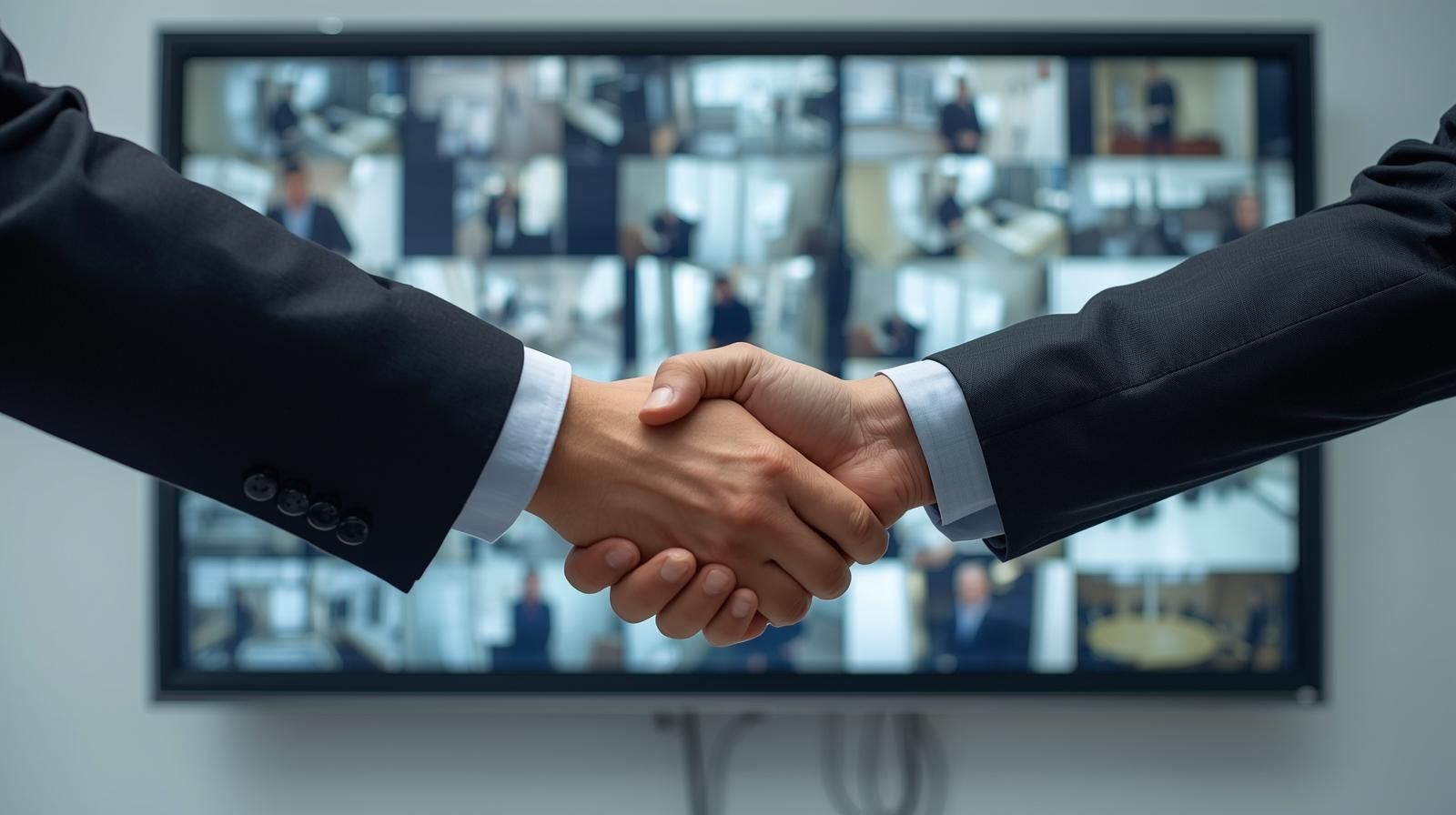 Two people shaking hands, with a video conference displayed in the background.
