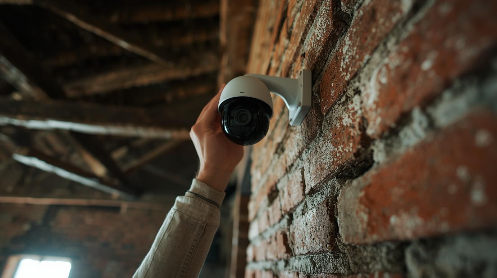 Hand adjusting a security camera mounted on a red brick wall.