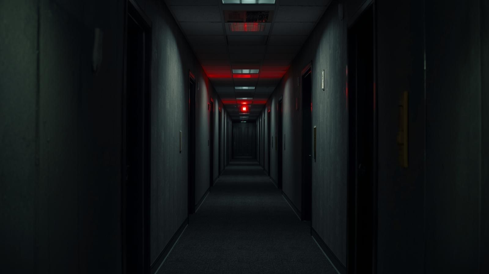 Dark, long hallway with closed doors; red emergency light glows in the distance.