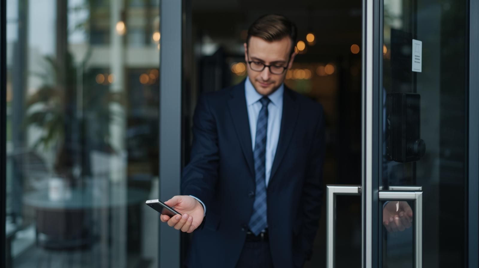 Man in suit holding phone, exiting building with glass doors, looking down.