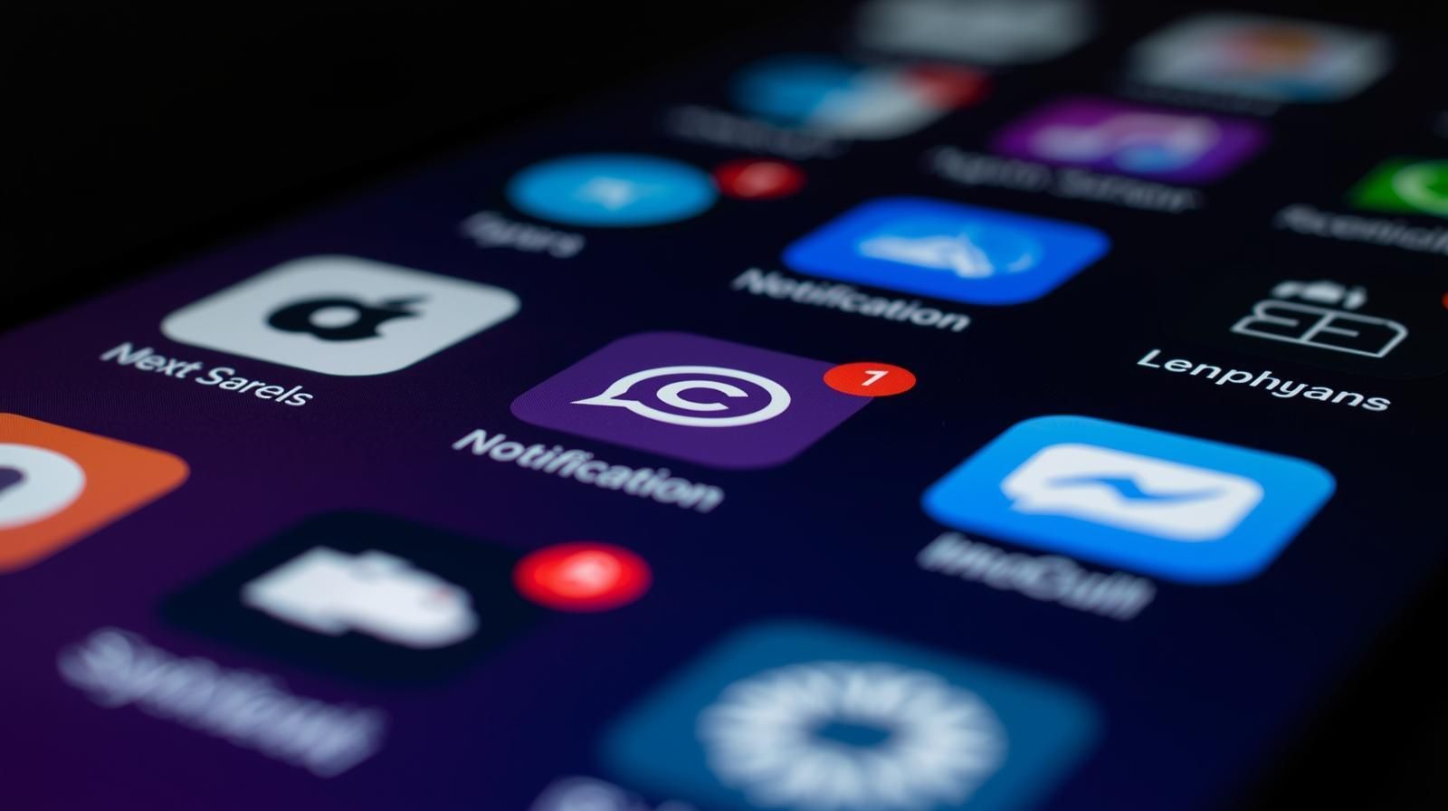 Smartphone screen with app icons, notifications, and purple and blue tones.