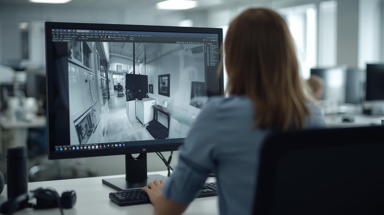 Woman at computer, editing a 3D rendering of a building interior. Office setting, grayscale image.