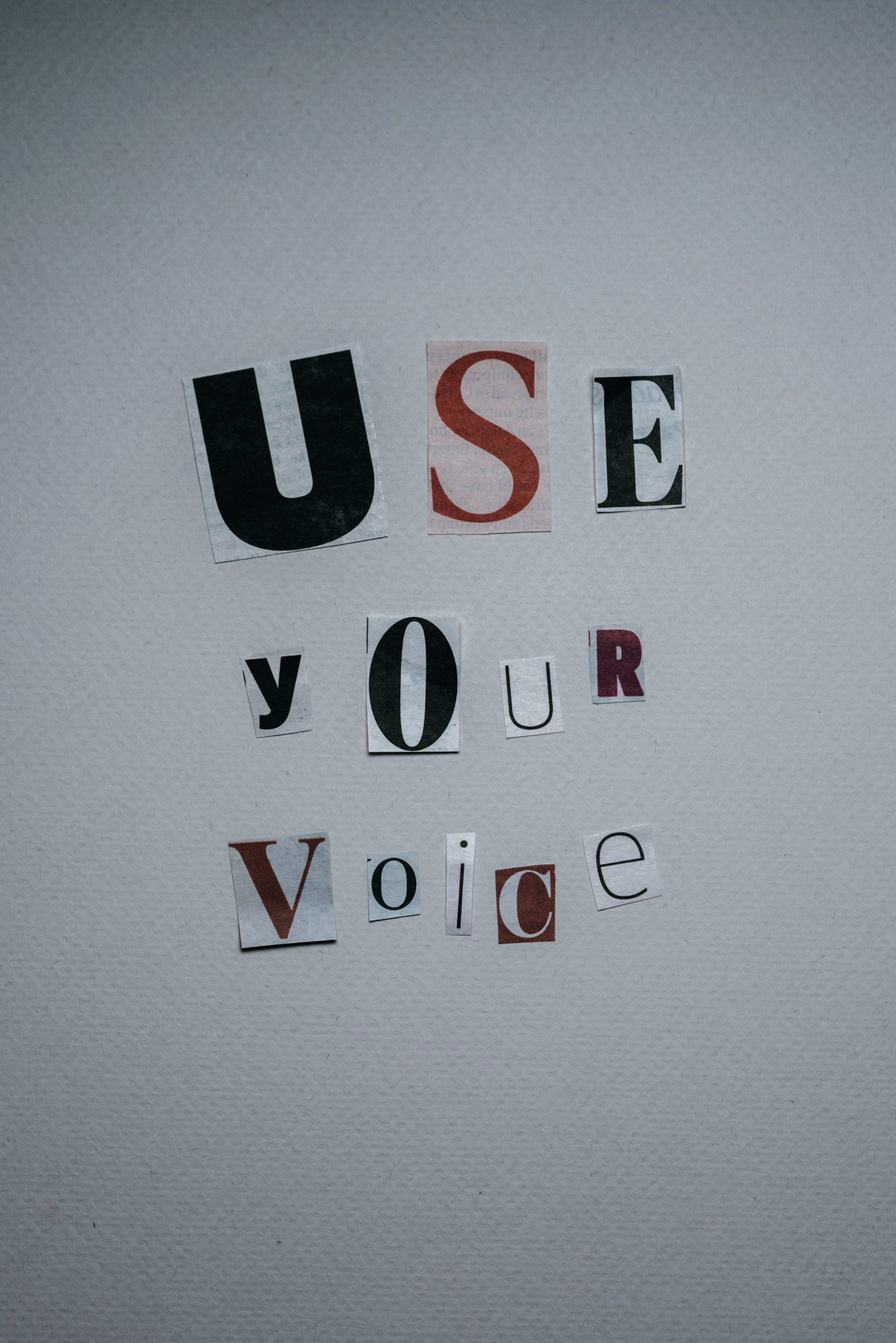 picture of different-lettered words saying: use your voice