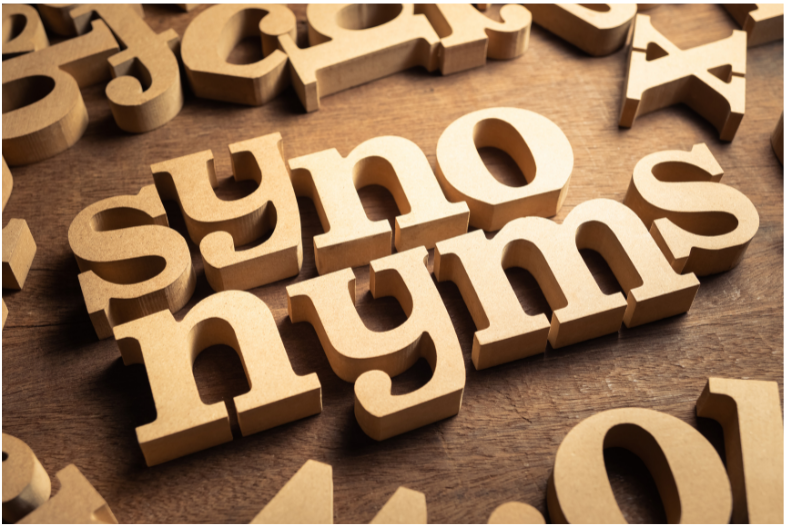 picture of wood-carved words spelling SYNONYMS