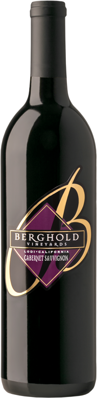 A bottle of black and gold wine with a purple label