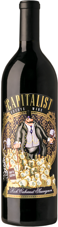 A bottle of wine with a picture of a man sitting on a pile of money on the label.