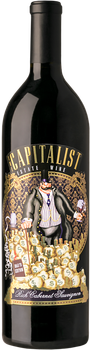 A bottle of wine with a picture of a man sitting on a pile of money on the label.