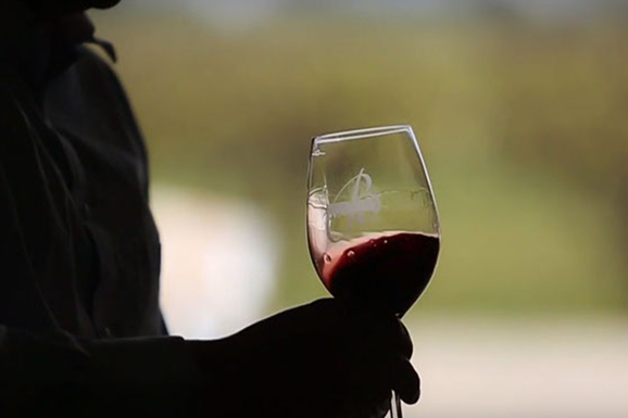 A person is holding a glass of red wine in their hand.