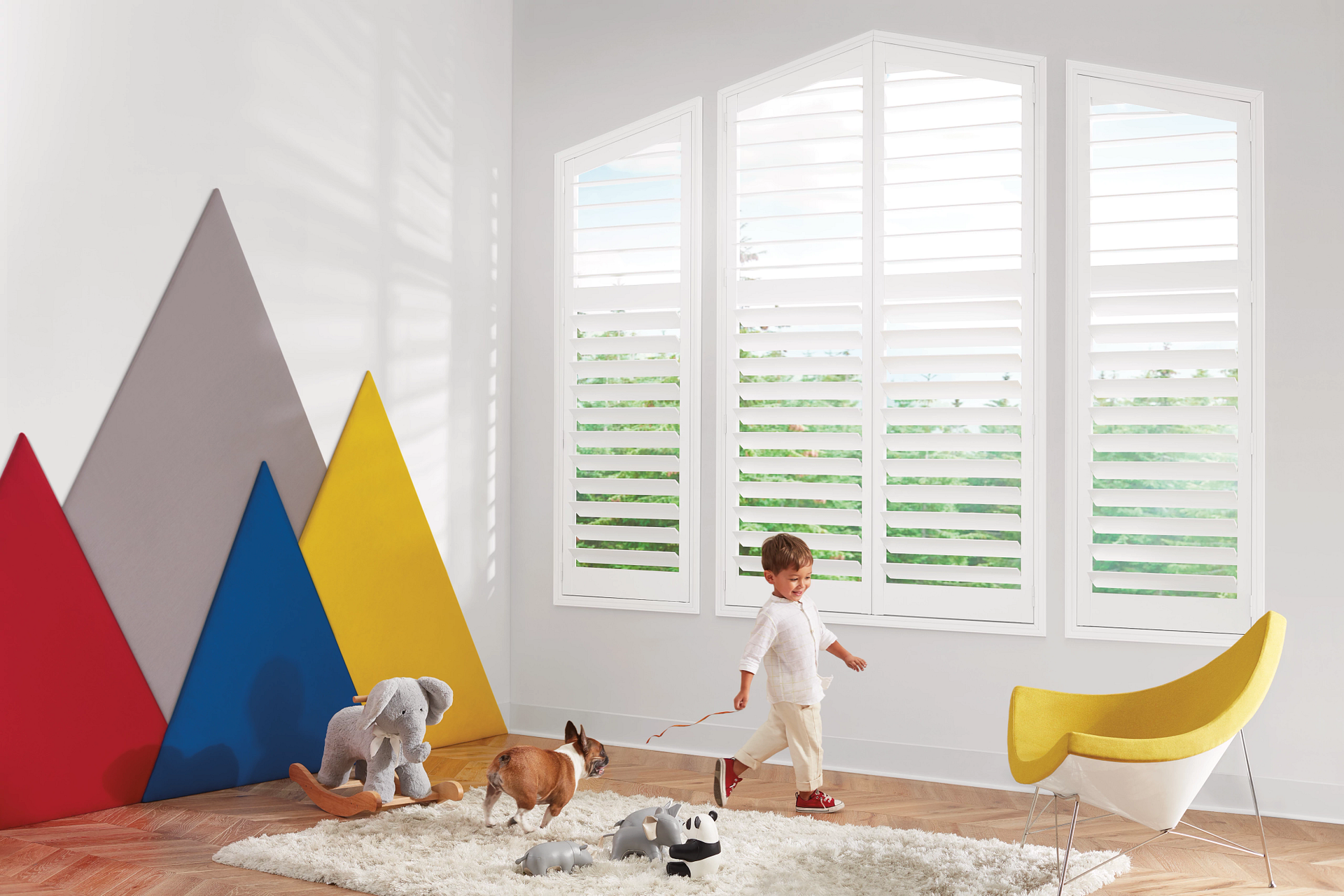 Pet- and kid-safe window treatment in a playroom.