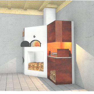 Modernes Badezimmer mit türkisfarbener Backstein-Duschwand, Glaskabine, schwebendem Waschbecken und Toilette.