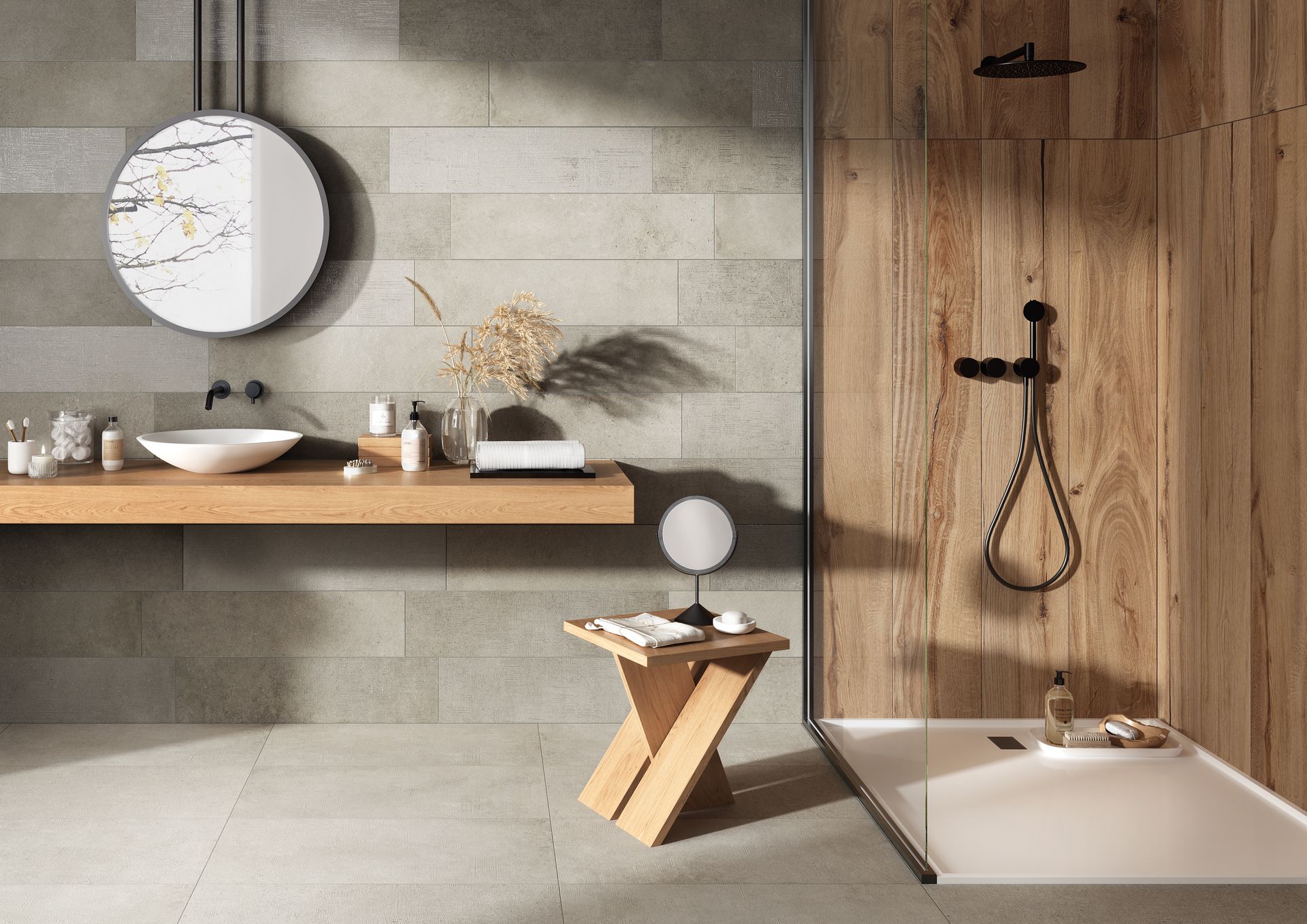 Modernes Badezimmer mit holzvertäfelter Dusche, schwebendem Waschbecken und Marmor-Akzenten.