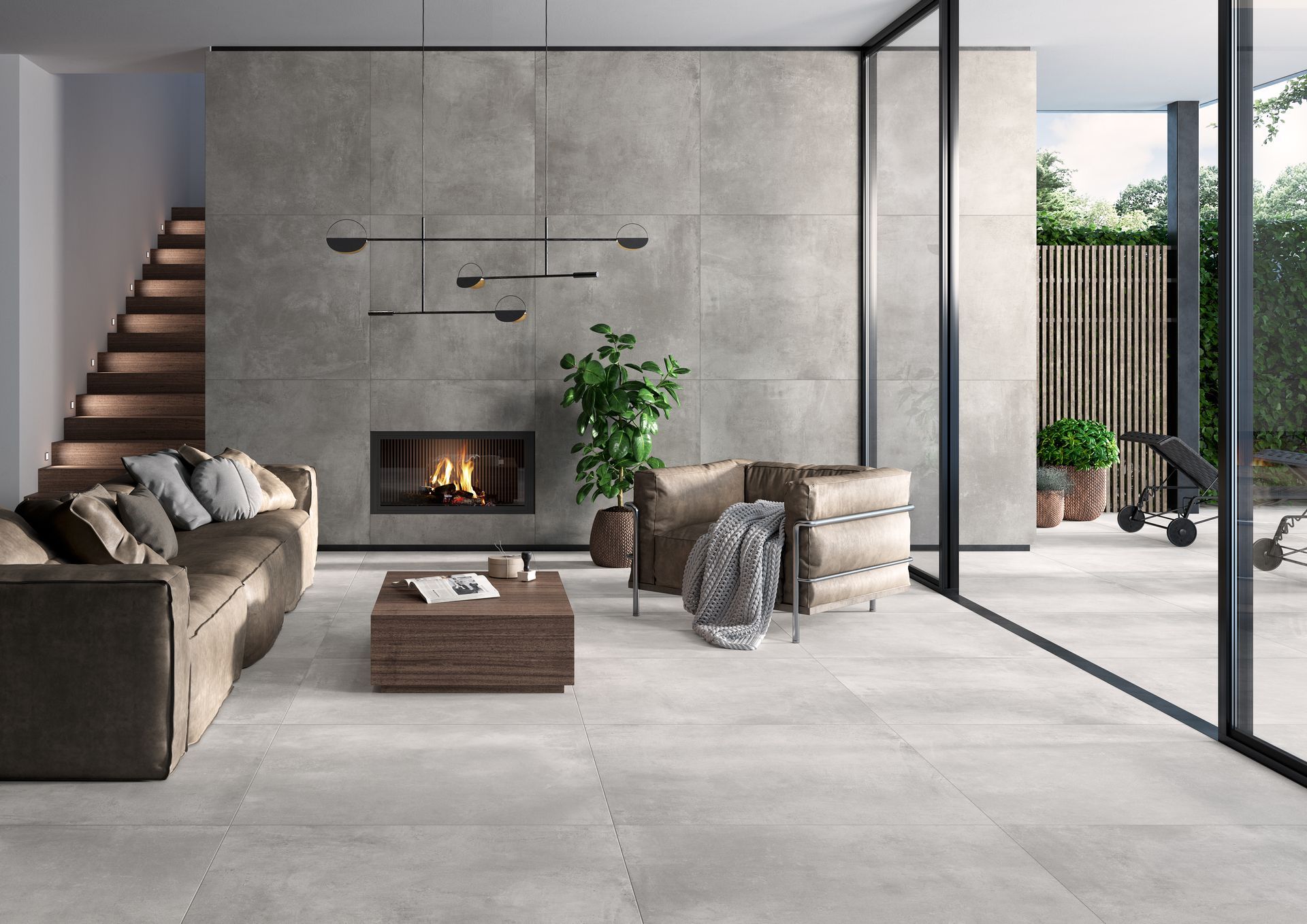 Modernes Wohnzimmer mit Kamin, grauem Fliesenboden und Glaswand zur Terrasse.