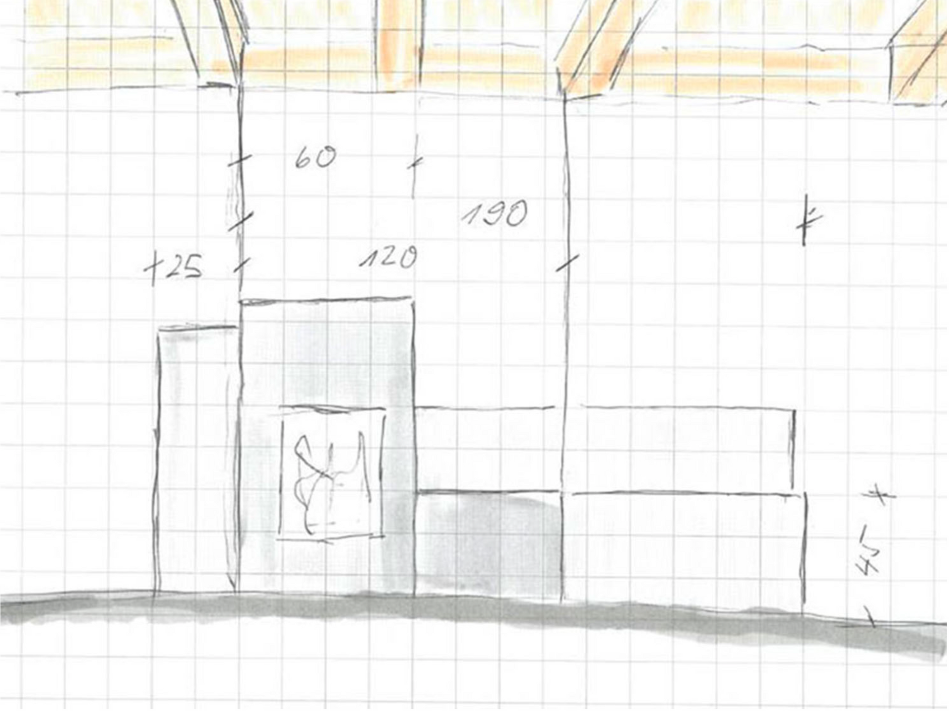Architektonische Zeichnung eines Wandschnitts mit Bemaßungen. Der Schnitt umfasst verschiedene Ebenen und ein Fenster.