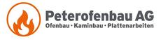 Logo der Peterofenbau AG: orange Flamme im Kreis, Firmenname und Dienstleistungen (Ofenbau, Schornsteinbau, Fliesenarbeiten).