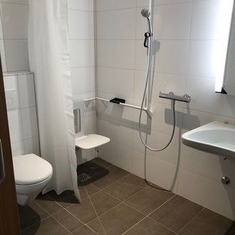 Barrierefreies Badezimmer mit Toilette, Dusche, Waschbecken und Haltegriffen.
