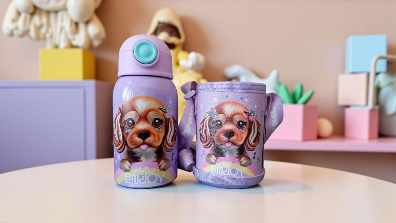 Juego de botella y taza de agua moradas con diseño de Cavalier King Charles Spaniel, sobre una mesa.