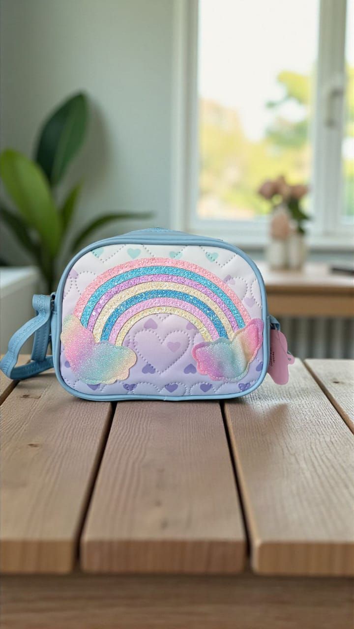 Monedero azul con diseño de arcoíris sobre una mesa de madera, con fondo desenfocado de una habitación y una ventana.