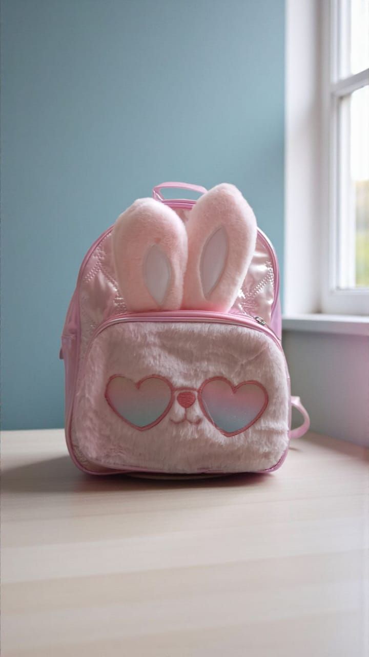 Mochila rosa con forma de conejito, gafas de sol en forma de corazón y orejas peludas, sobre una pared azul claro.