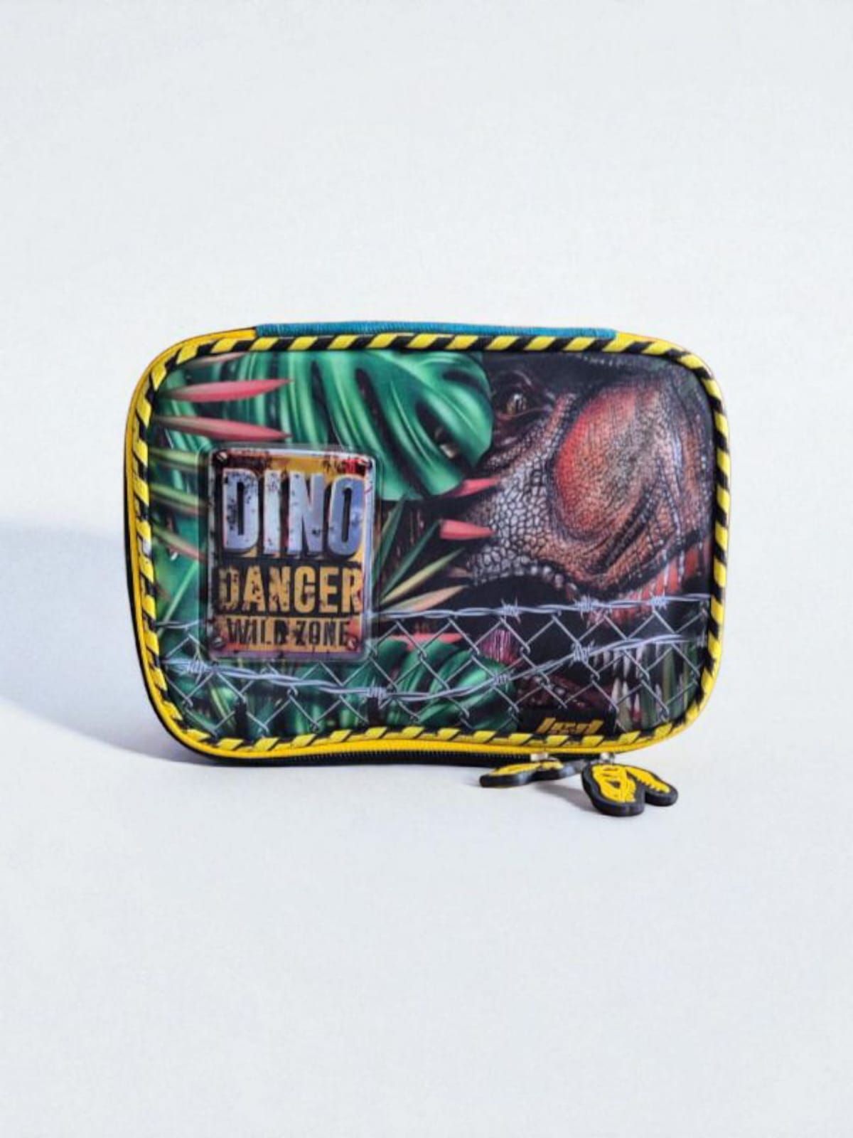 Estuche para lápices con un dinosaurio y la leyenda