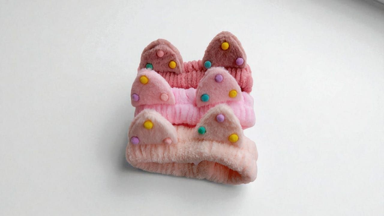 Montón de objetos de peluche con forma de animales en tonos rosa, beige y marrón sobre una superficie de madera.