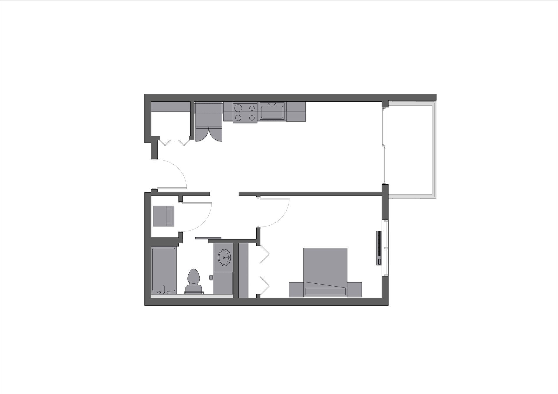 A floor plan of a house with a bedroom , bathroom , and kitchen.