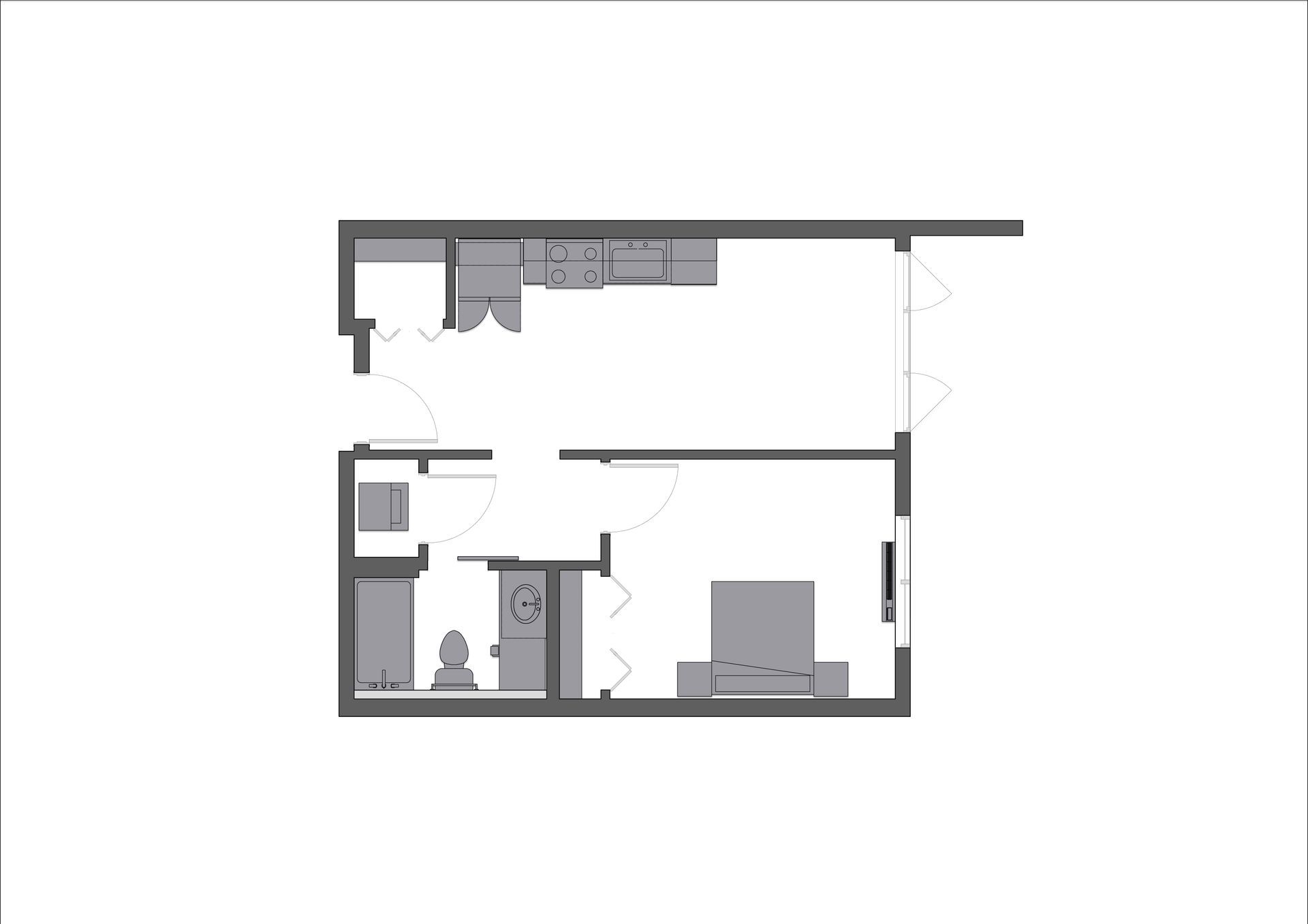 A floor plan of a small apartment with a bedroom , bathroom , and kitchen.