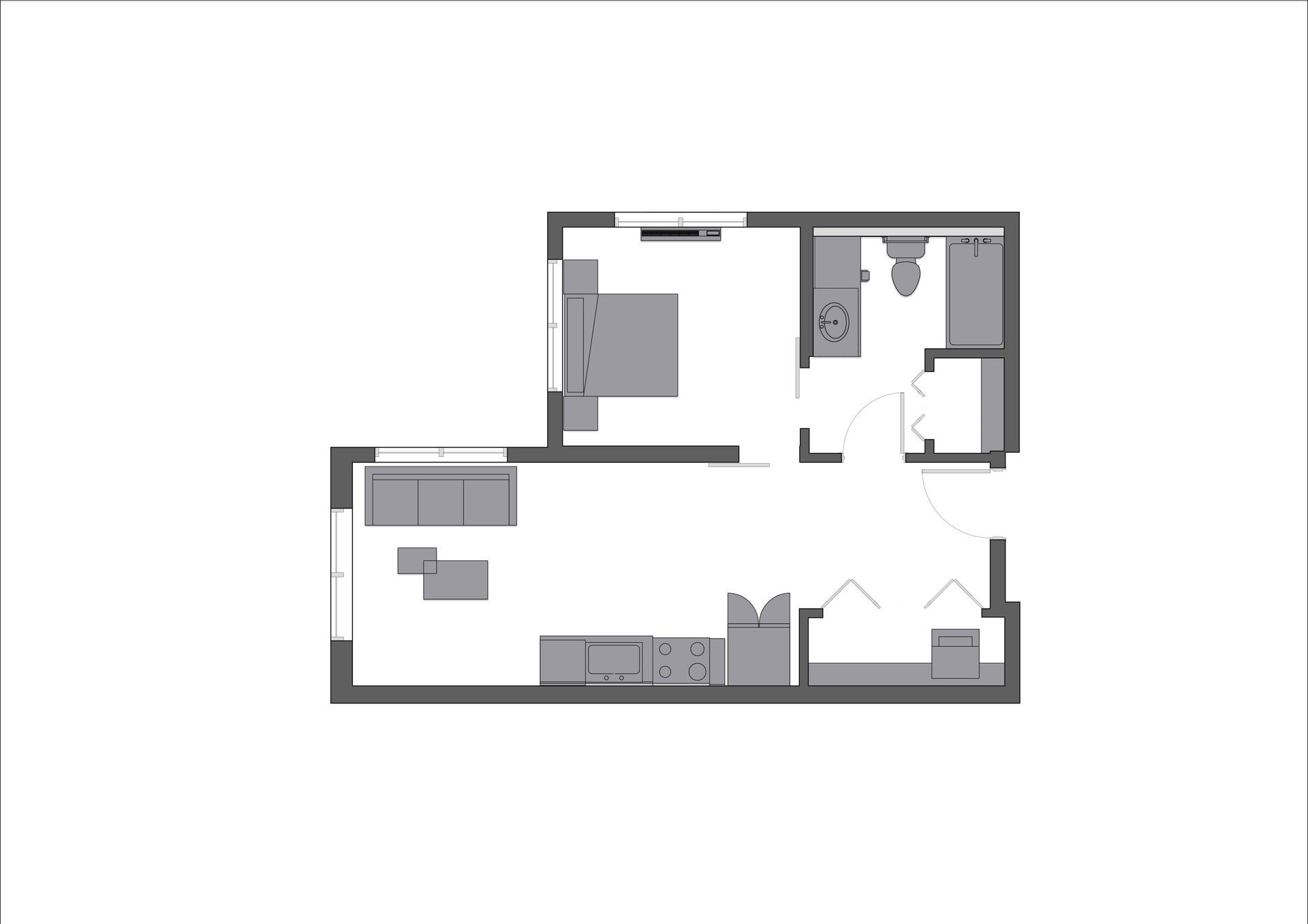 A black and white floor plan of a small apartment.