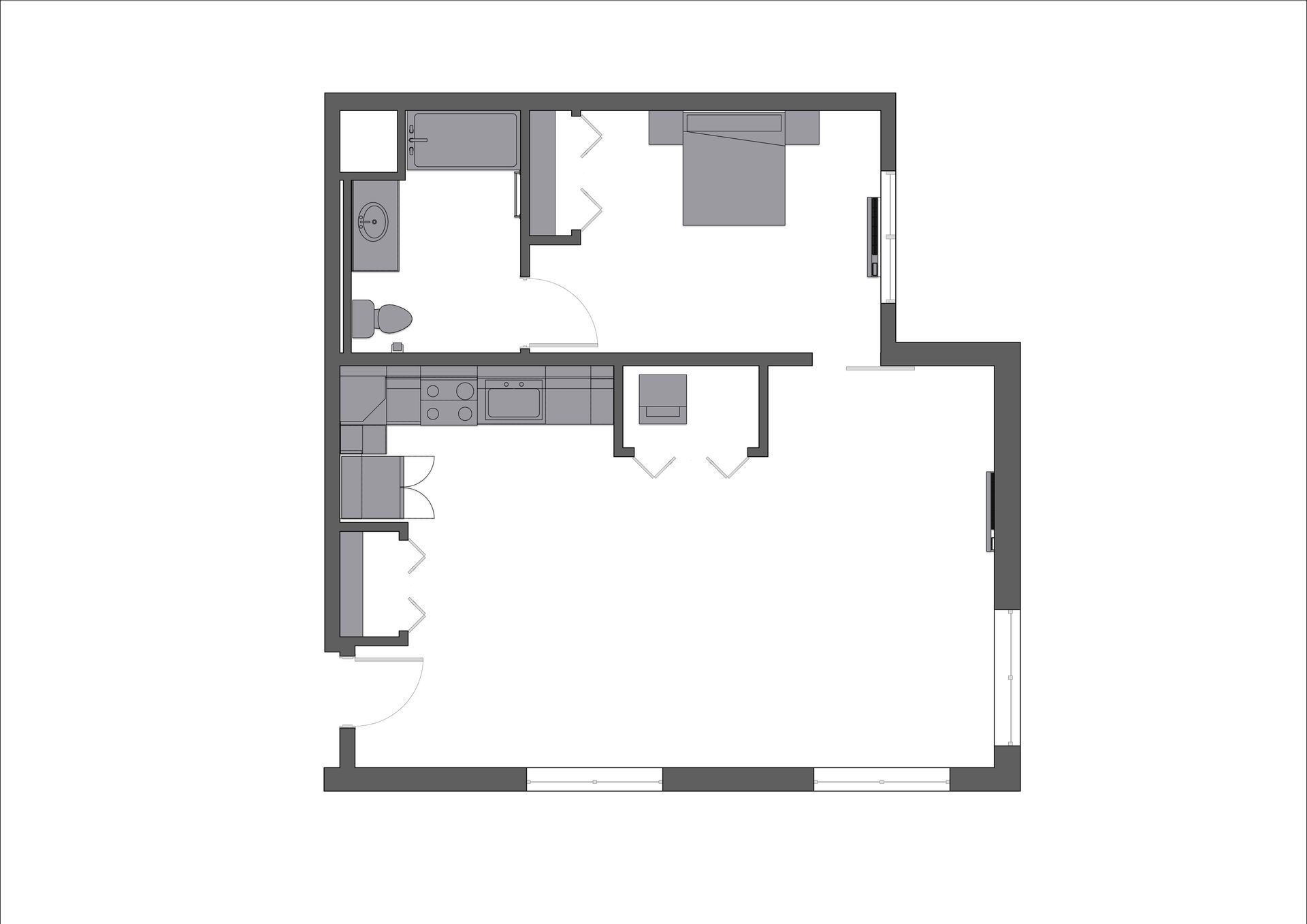 A black and white floor plan of a house with a bedroom , kitchen , and bathroom.
