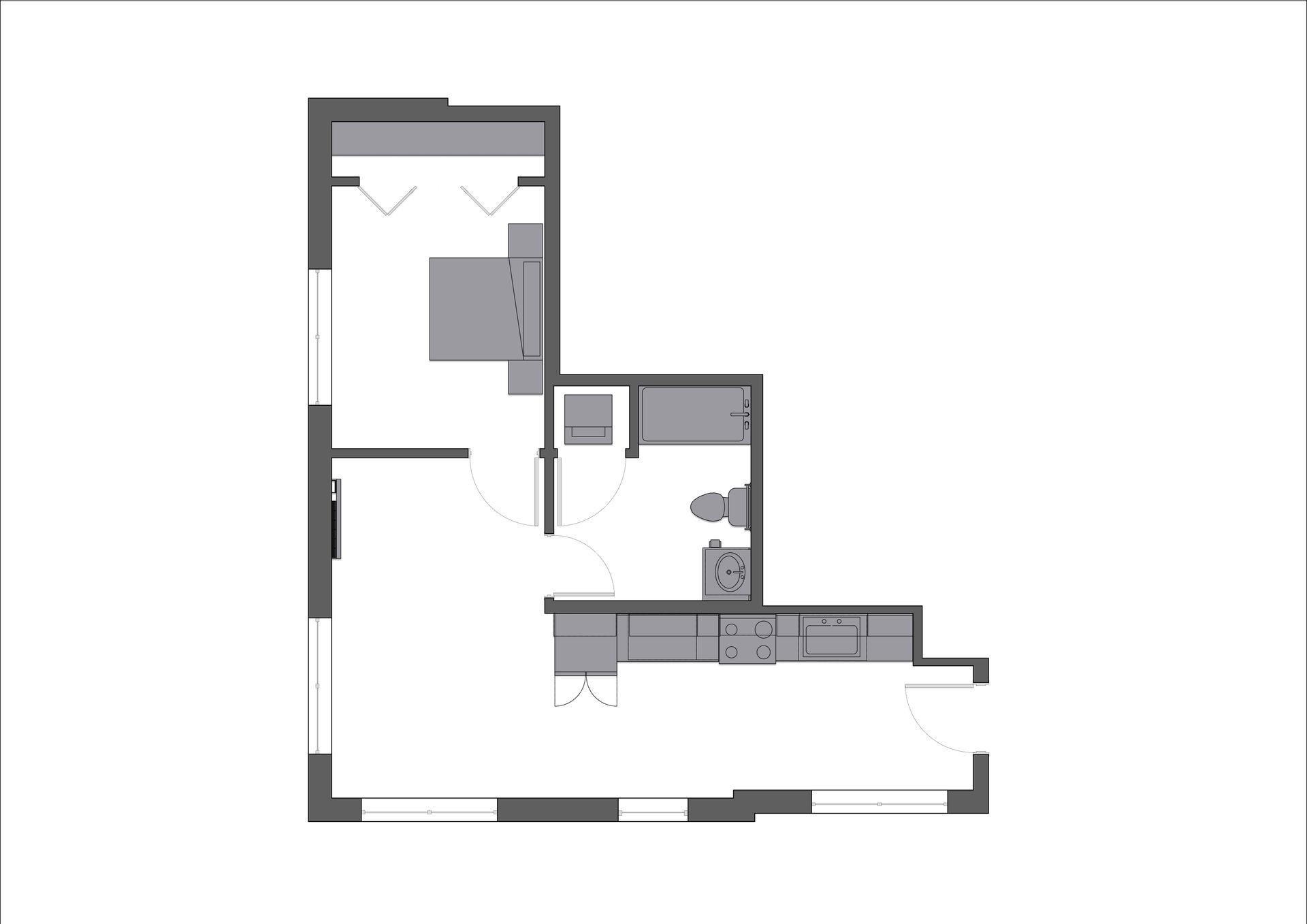 A black and white floor plan of a small apartment.