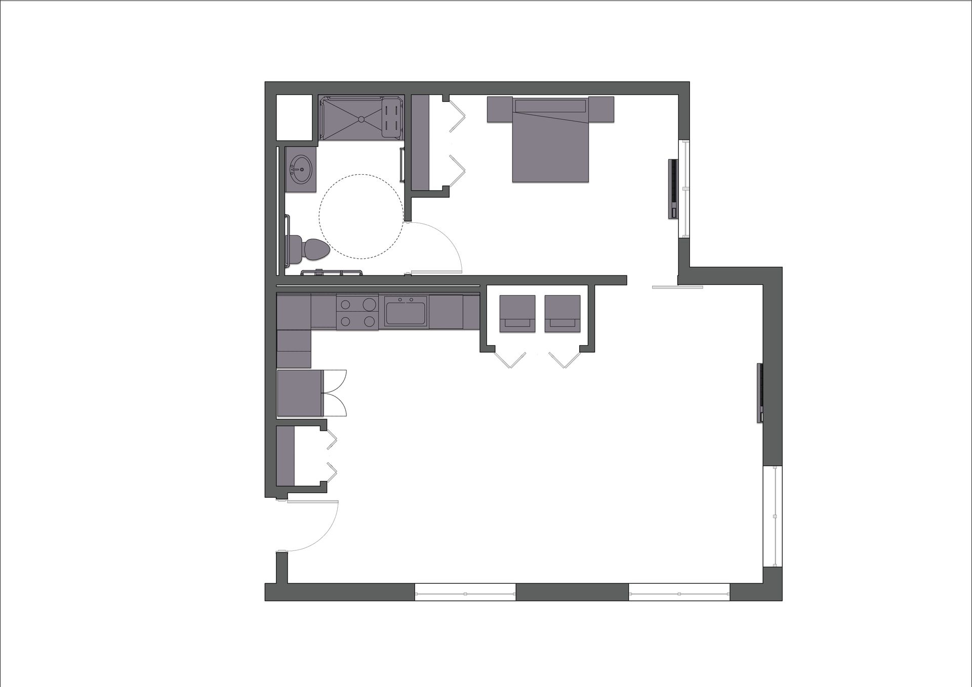 A floor plan of a small apartment with a bedroom , kitchen , and bathroom.