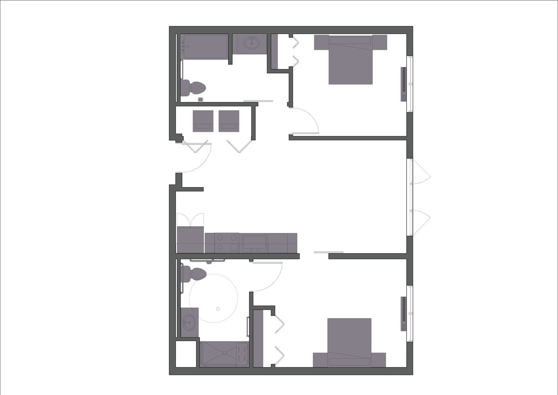 A floor plan of a house with a bedroom , kitchen , and bathroom.