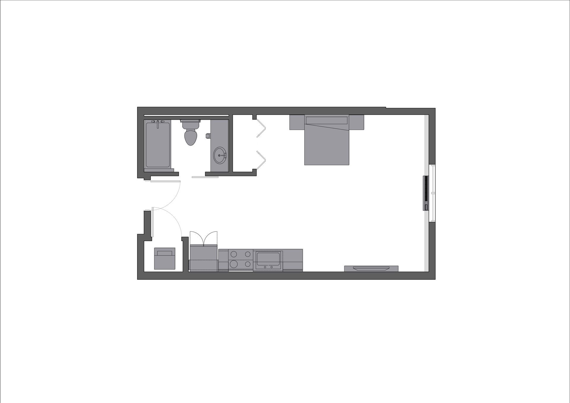 A floor plan of a small apartment with a bedroom , kitchen , and bathroom.