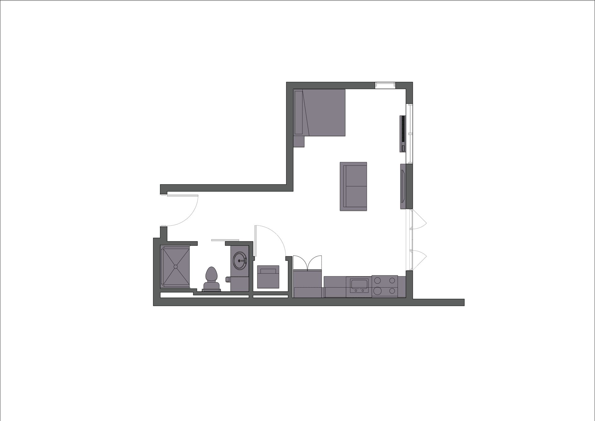 A floor plan of a small apartment on a white background.