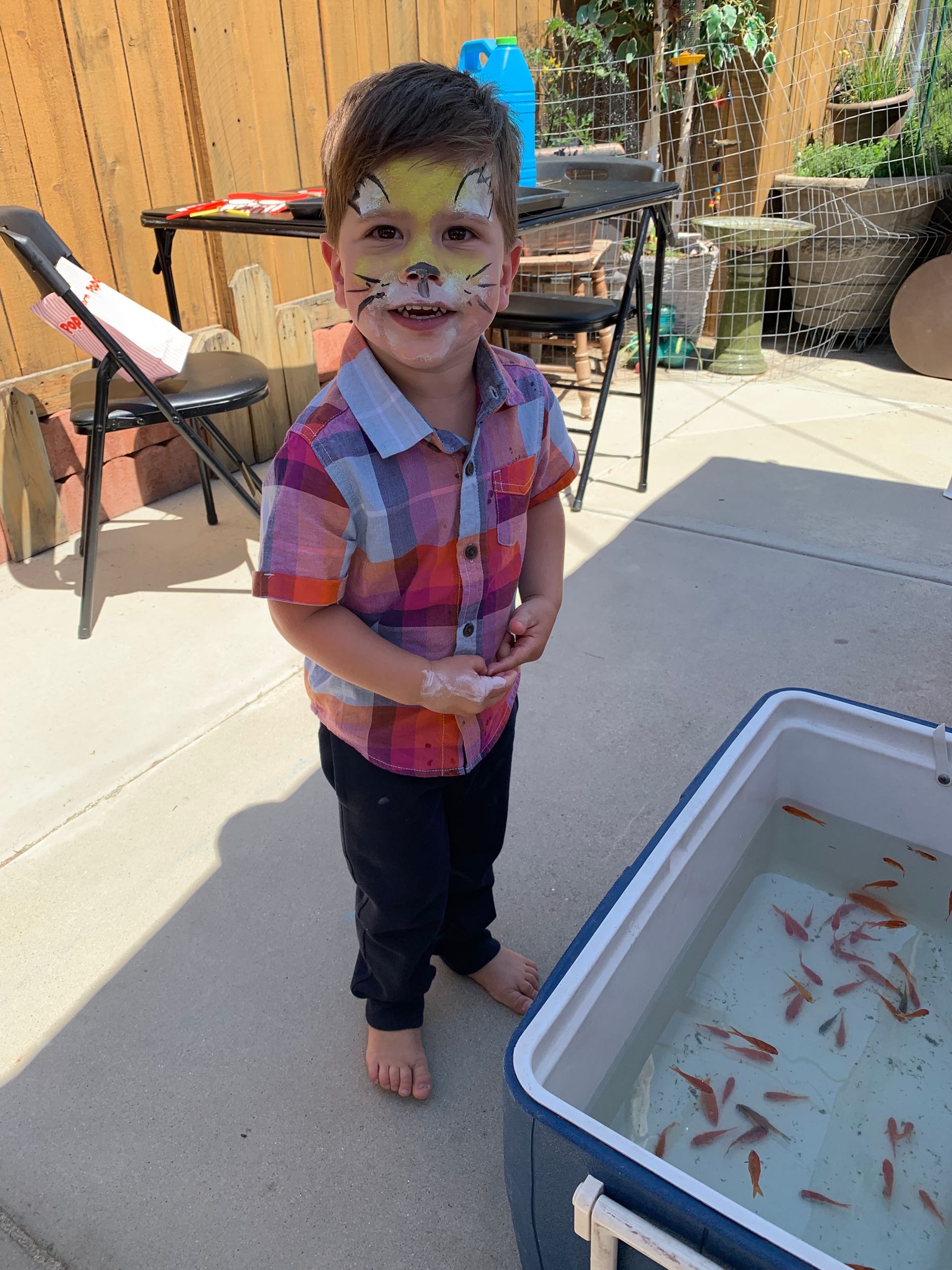 A little boy with his face painted like a cat is standing next to a cooler filled with fish.