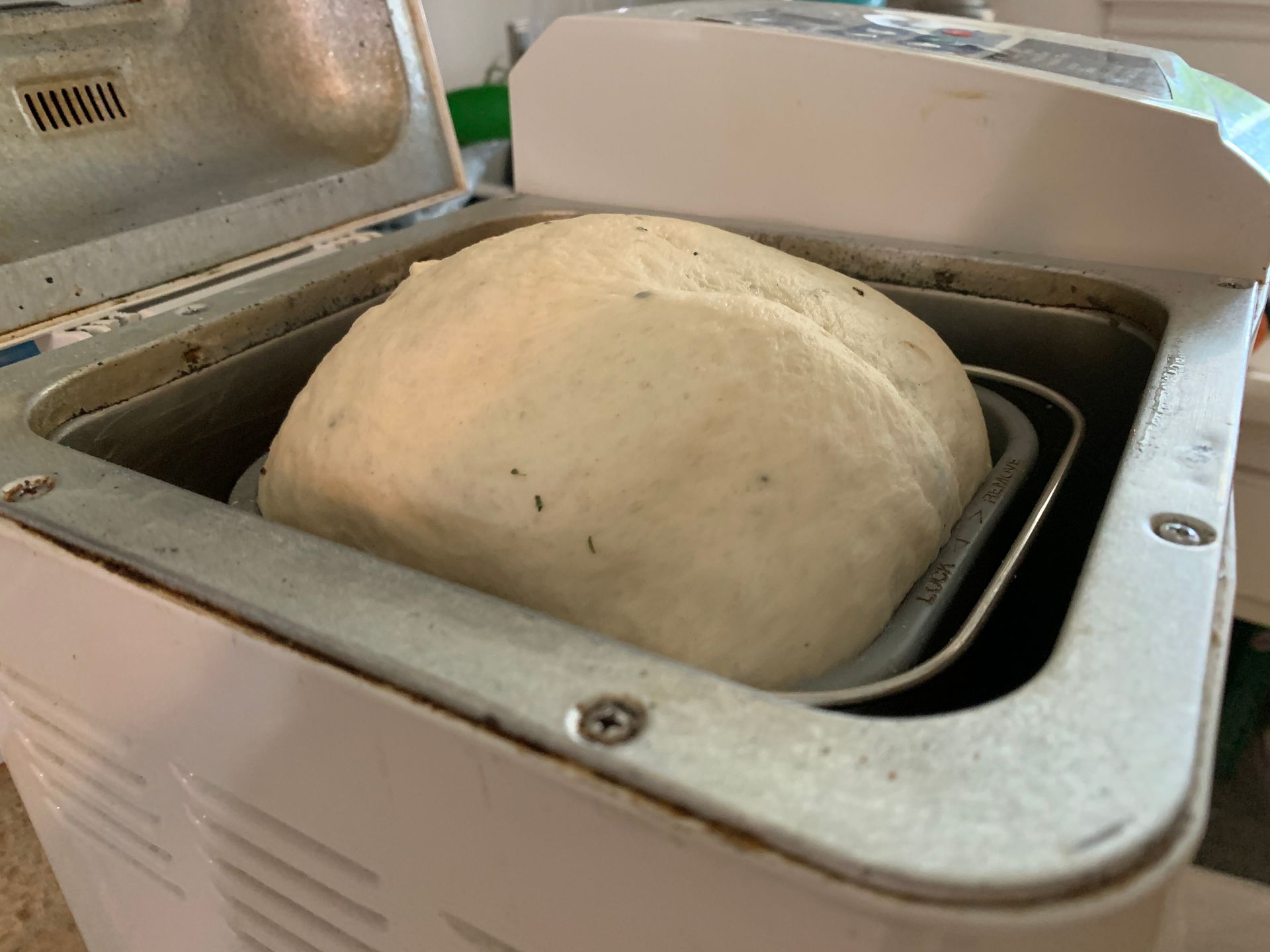 A loaf of bread is sitting in a bread machine.