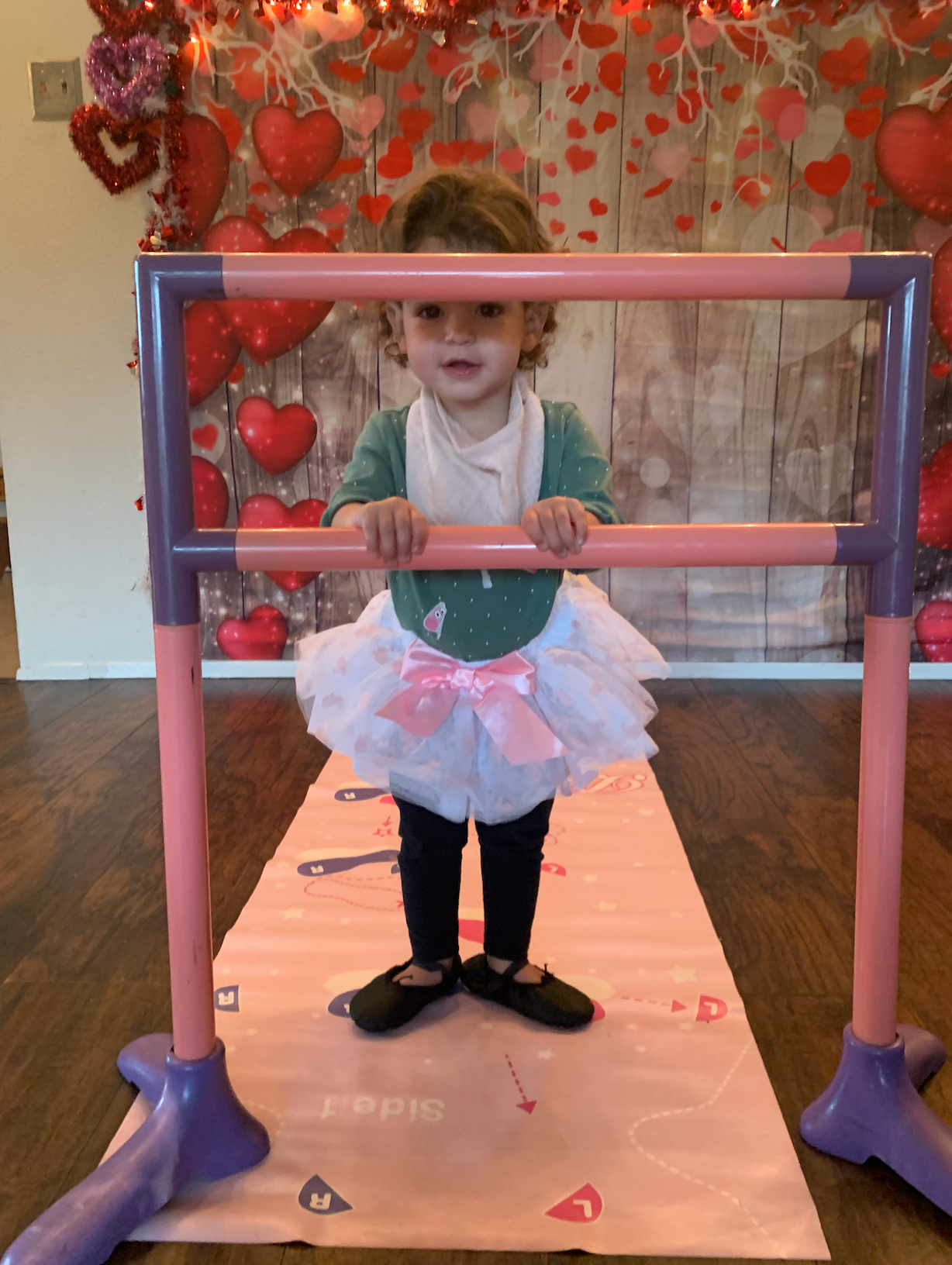 A little girl in a tutu is standing next to a ballet barre.