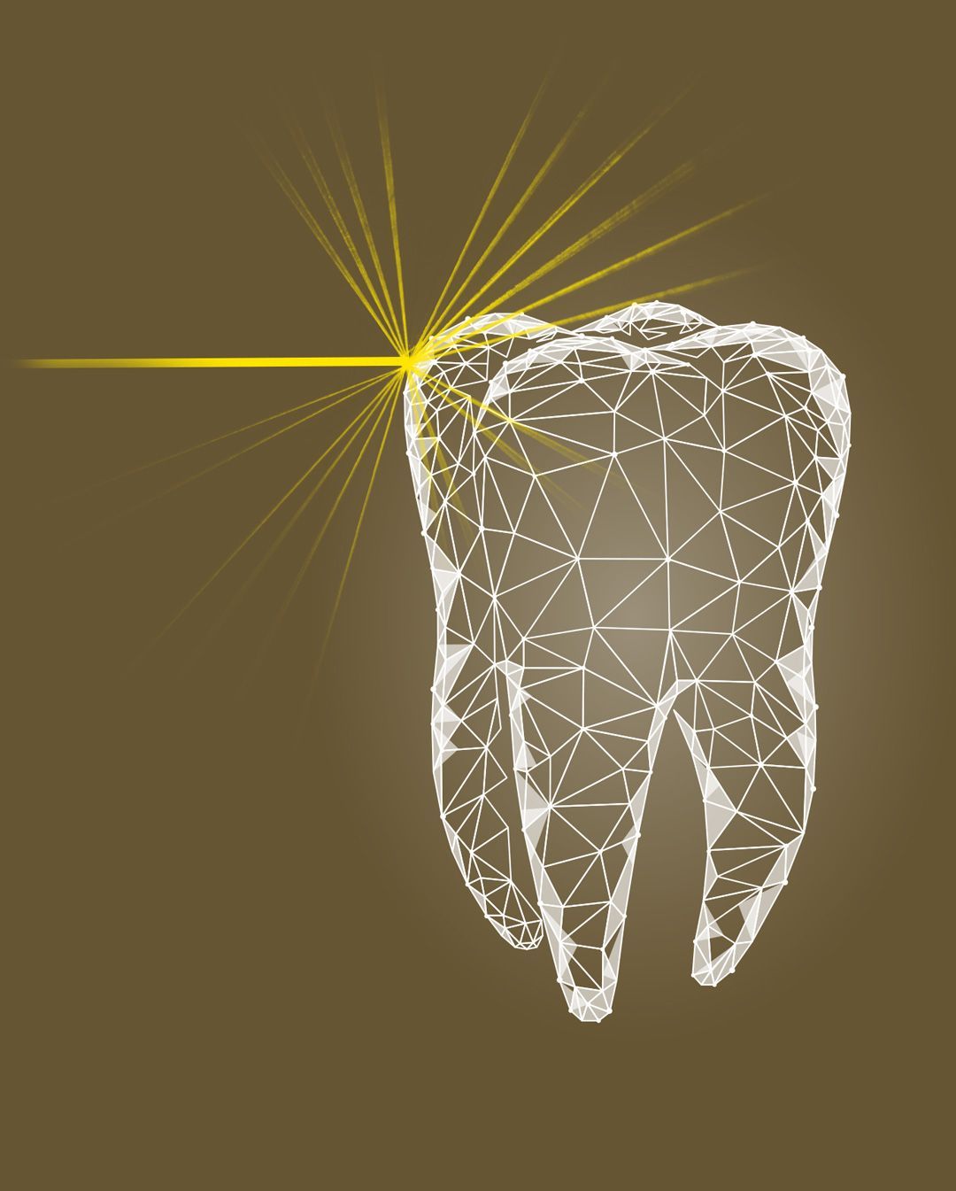 Ein Zahn, aus dem auf blauem Hintergrund ein Laserstrahl austritt.