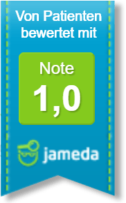 A blue banner that says von patienten bewertet mit note 1,0