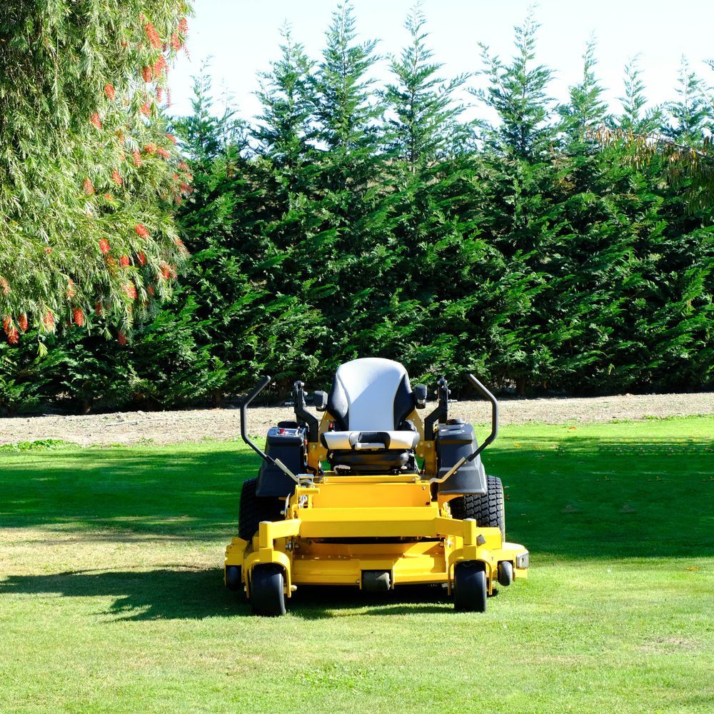 Yellow Riding Lawnmower on A Green Lawn with A Background of Evergreen Trees — Lads Lawns & Gardens in Redlynch, QLD