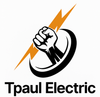 Black and white fist with orange lightning bolt and black semi-circle, "Tpaul Electric" text below.