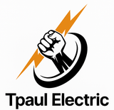 Black and white fist with orange lightning bolt and black semi-circle, "Tpaul Electric" text below.