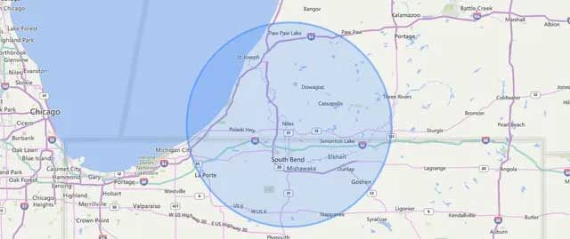 Map showing a blue circle over an area including Lake Superior and parts of Minnesota and Wisconsin.