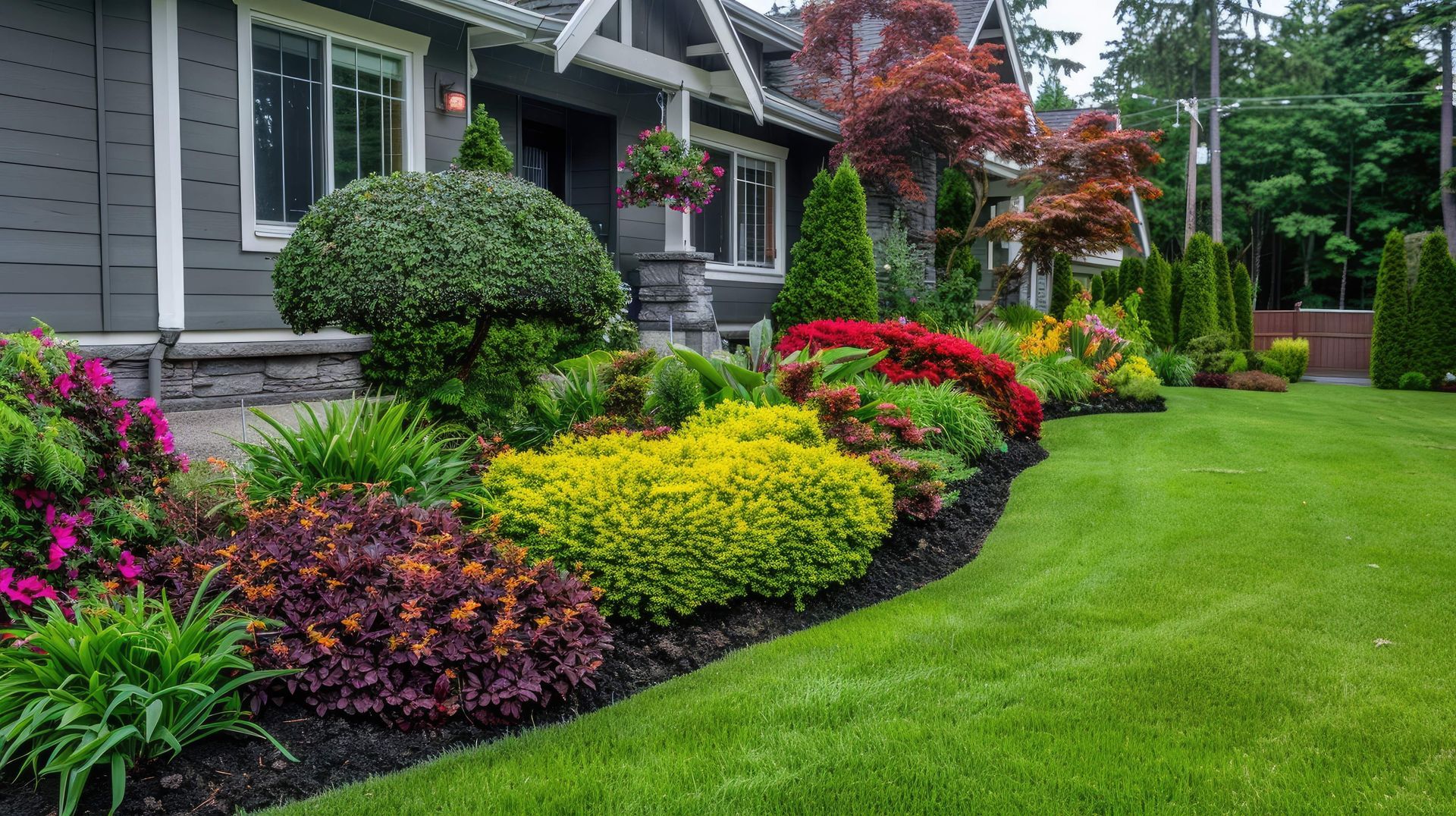 Modern landscape design featuring colorful shrubs and a curved lawn. Modern landscape design featuring colorful shrubs and a curved lawn.