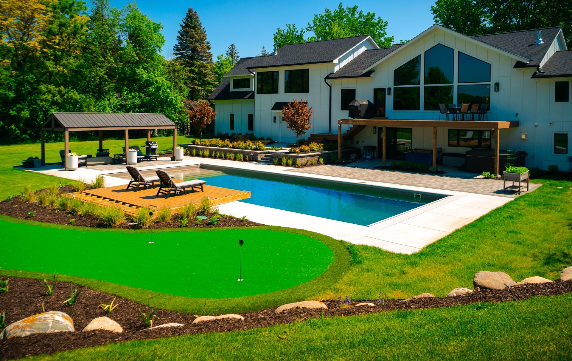 A grassy area with a lake in the background