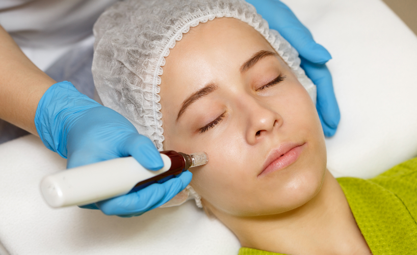 A woman is getting a treatment on her face